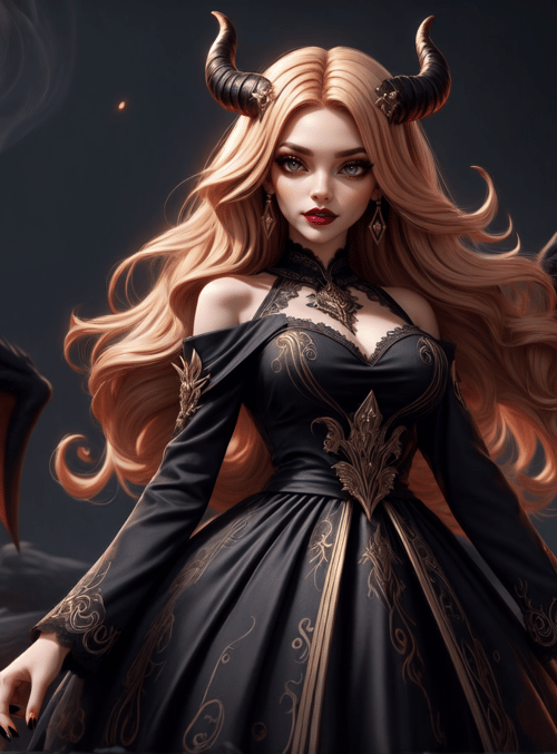 devil, woman, angel, goddess, dragon, wings, horn, dress, fire, smoke