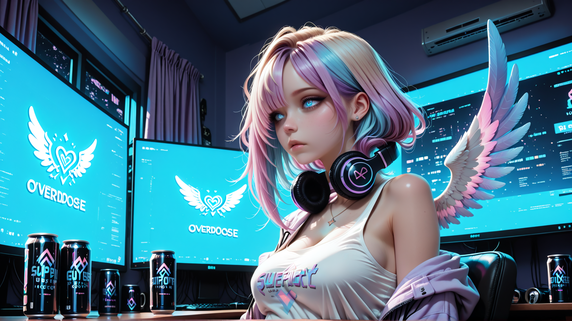 AI generated wallpaper featuring woman, headphones, wings, monitors, cans, jacket, computer, screen, hair, logo