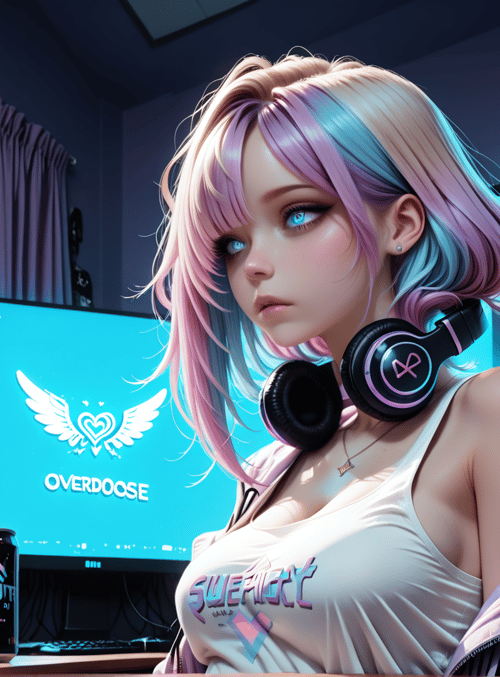 woman, headphones, wings, monitors, cans, jacket, computer, screen, hair, logo