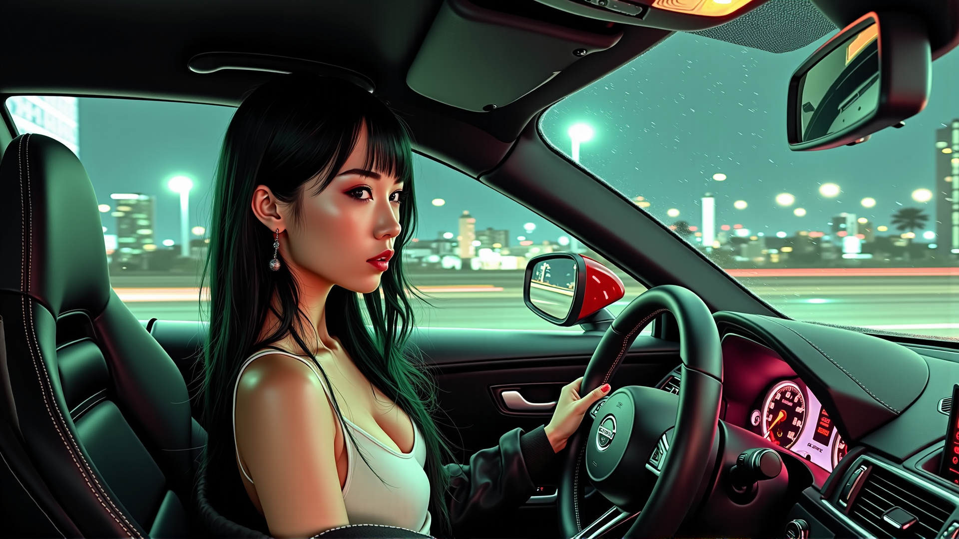 AI generated wallpaper featuring woman, car, driver, steering wheel, city, night, streetlight, mirror, seat, instrument panel