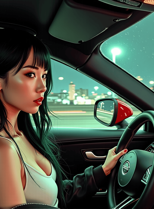 woman, car, driver, steering wheel, city, night, streetlight, mirror, seat, instrument panel