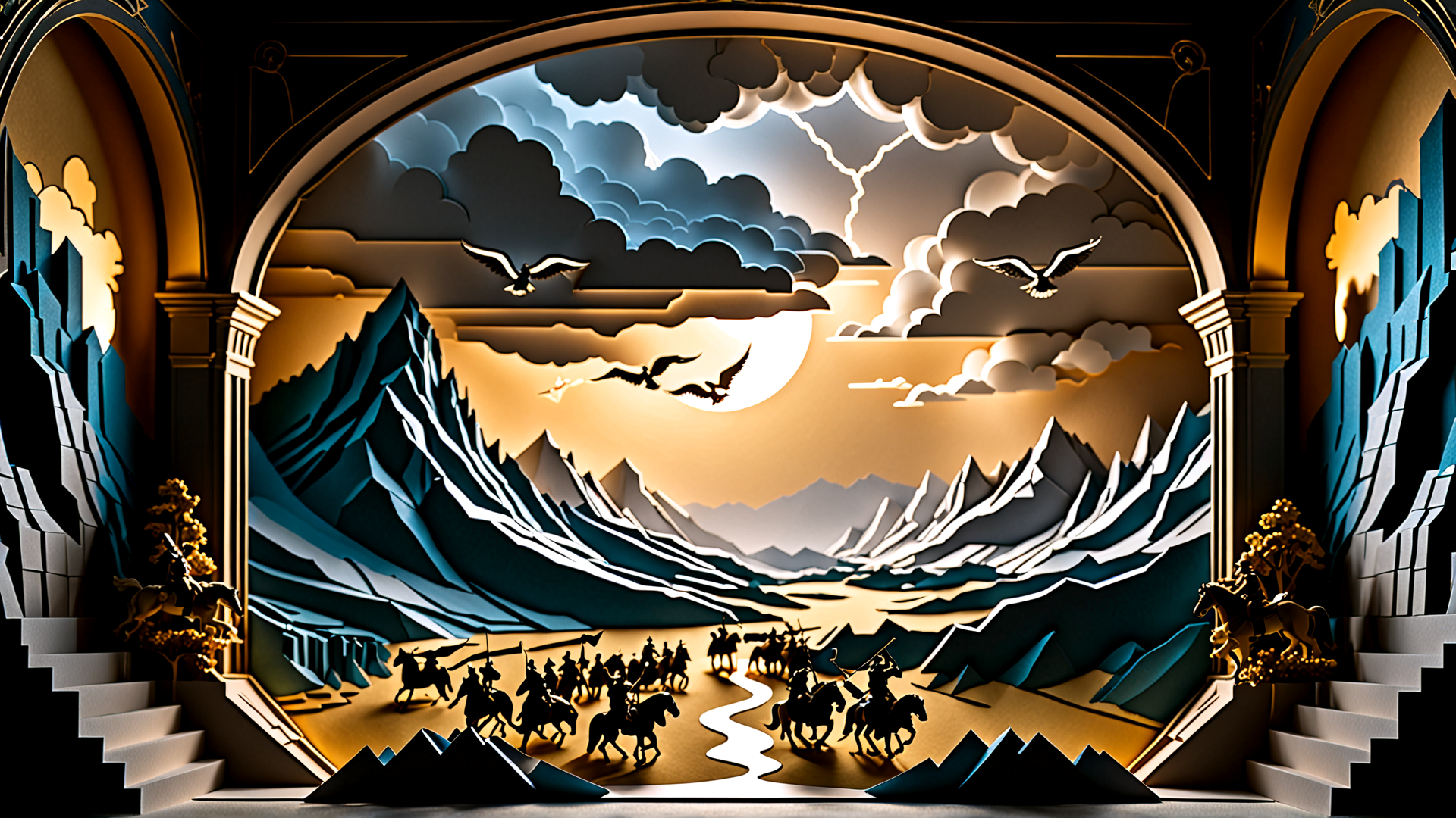 AI generated wallpaper featuring mountains, eagles, army, archway, sunset, clouds, horses, trees, stone, moon