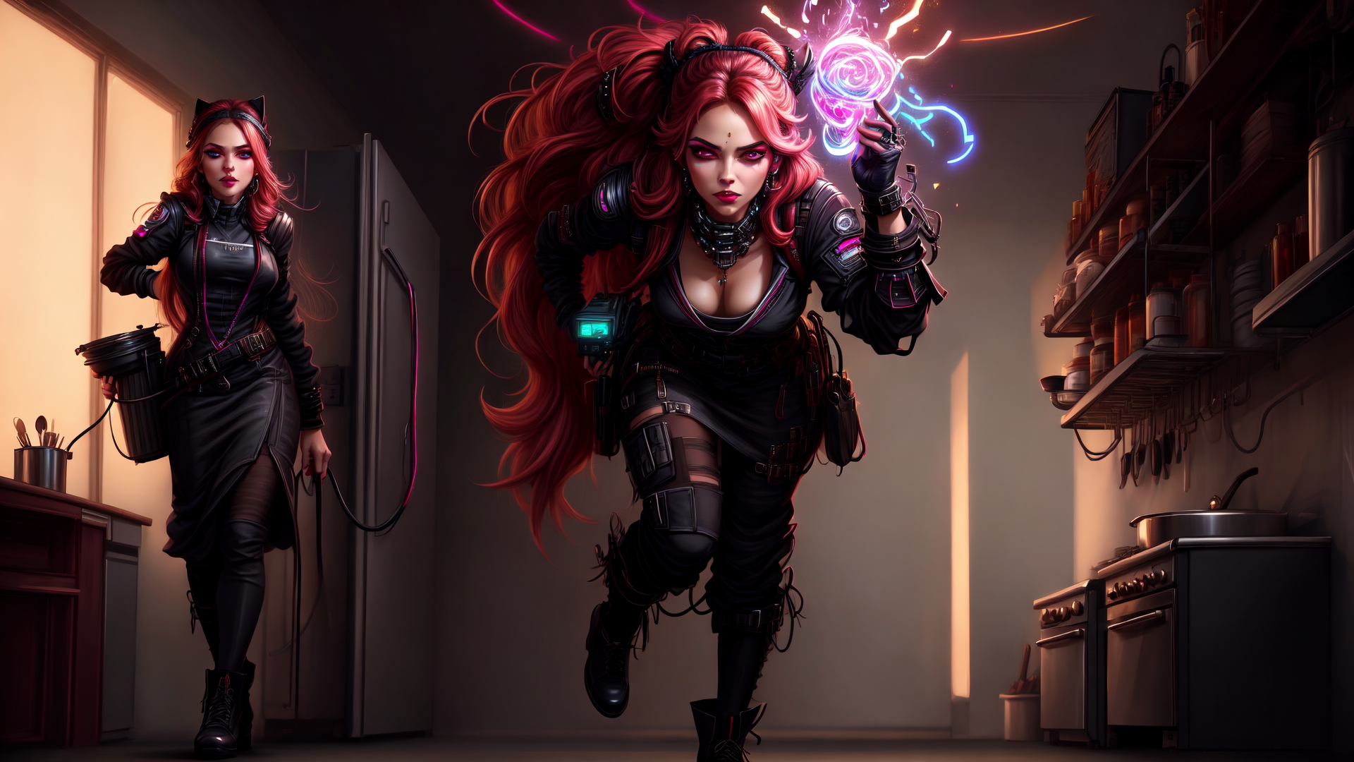 AI generated wallpaper featuring woman, cyberpunk, cat ears, magic, kitchen, neon, gloves, jewelry, helmet, futuristic