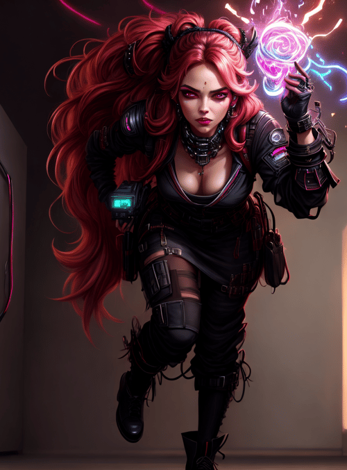 woman, cyberpunk, cat ears, magic, kitchen, neon, gloves, jewelry, helmet, futuristic