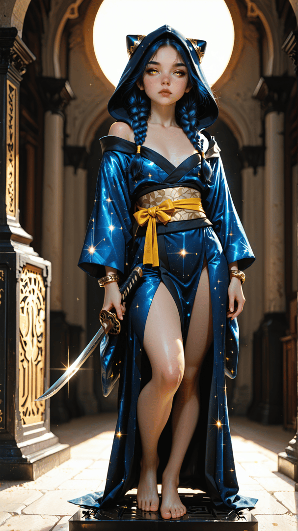 AI generated wallpaper featuring woman, sword, kawaii, blue, hood, braid, kimono, statue, moonlight, glitter