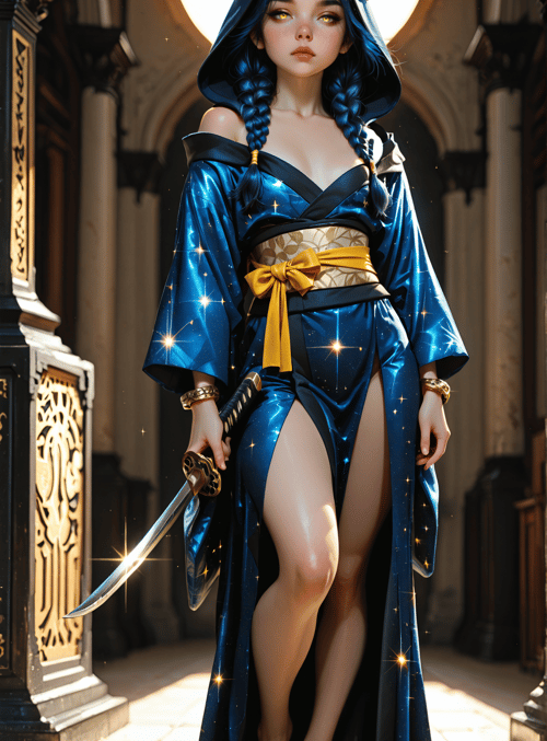woman, sword, kawaii, blue, hood, braid, kimono, statue, moonlight, glitter