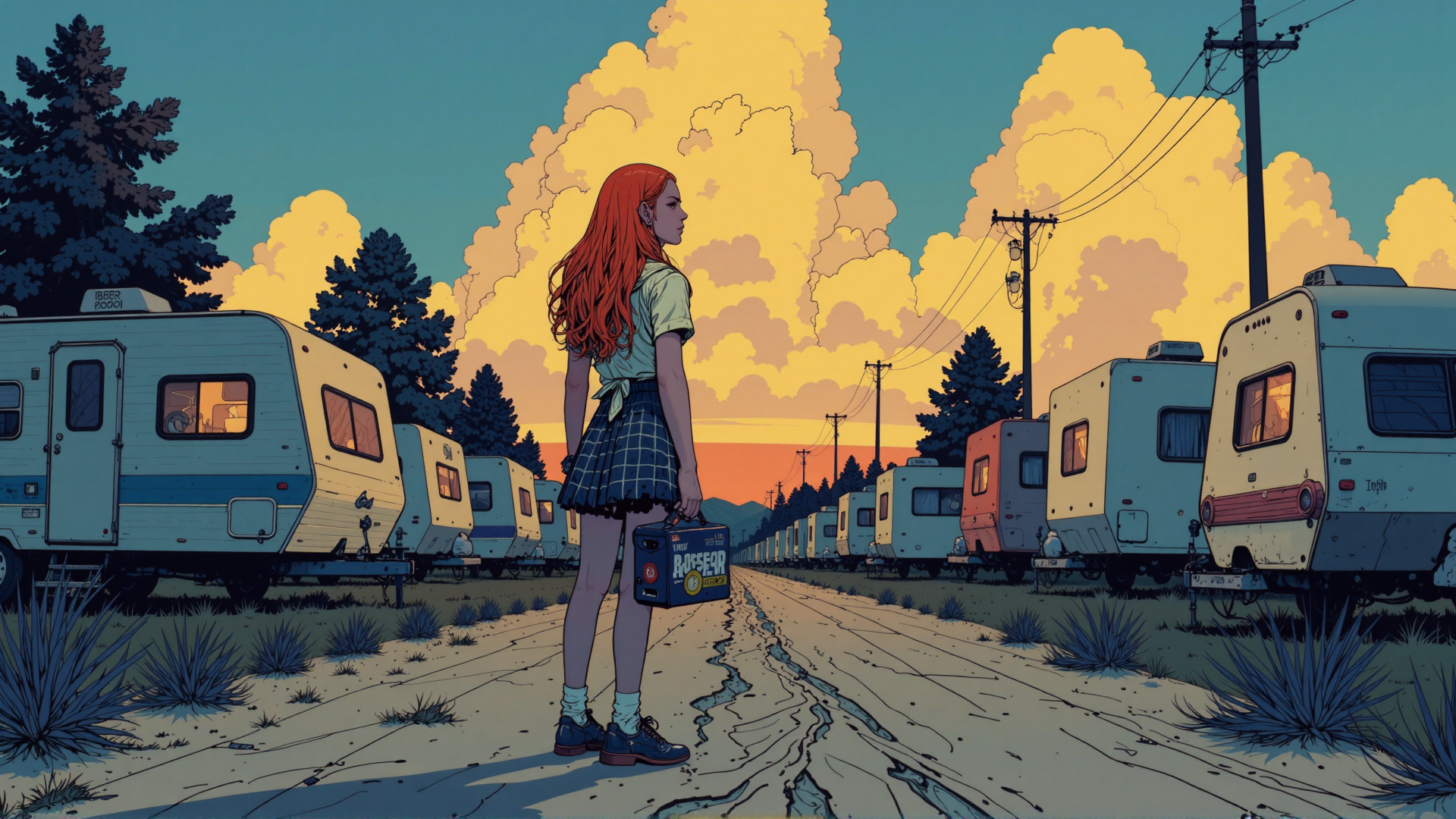 AI generated wallpaper featuring girl, camper, trailer, road, cloud, tree, sunset, case, power line, grass