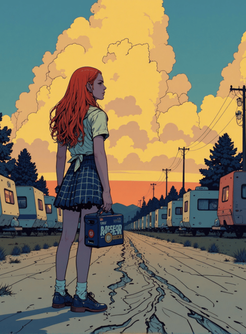 girl, camper, trailer, road, cloud, tree, sunset, case, power line, grass
