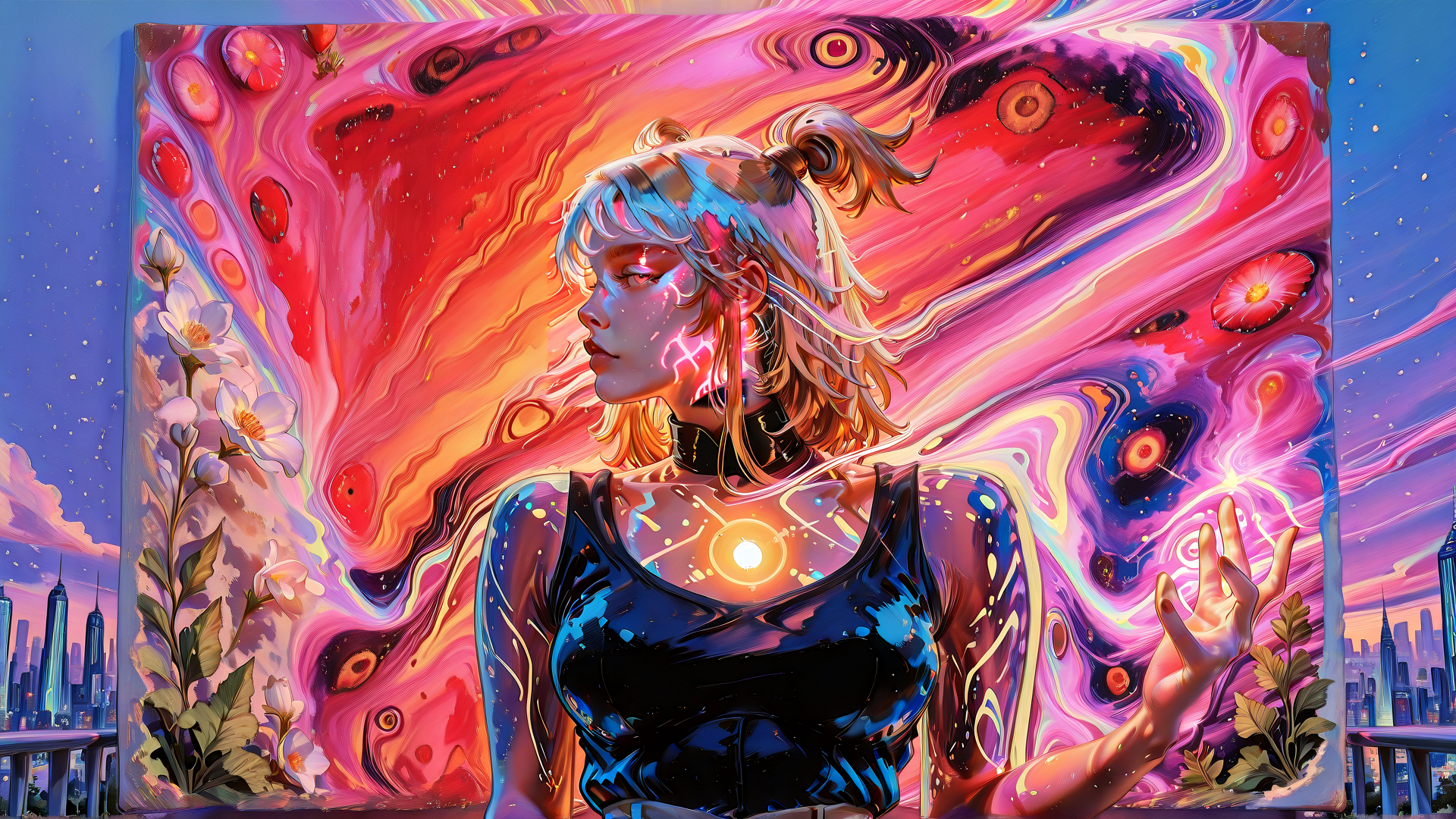 AI generated wallpaper featuring woman, cityscape, flowers, painting, galaxy
