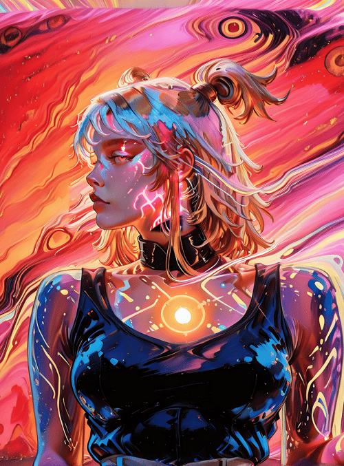 woman, cityscape, flowers, painting, galaxy