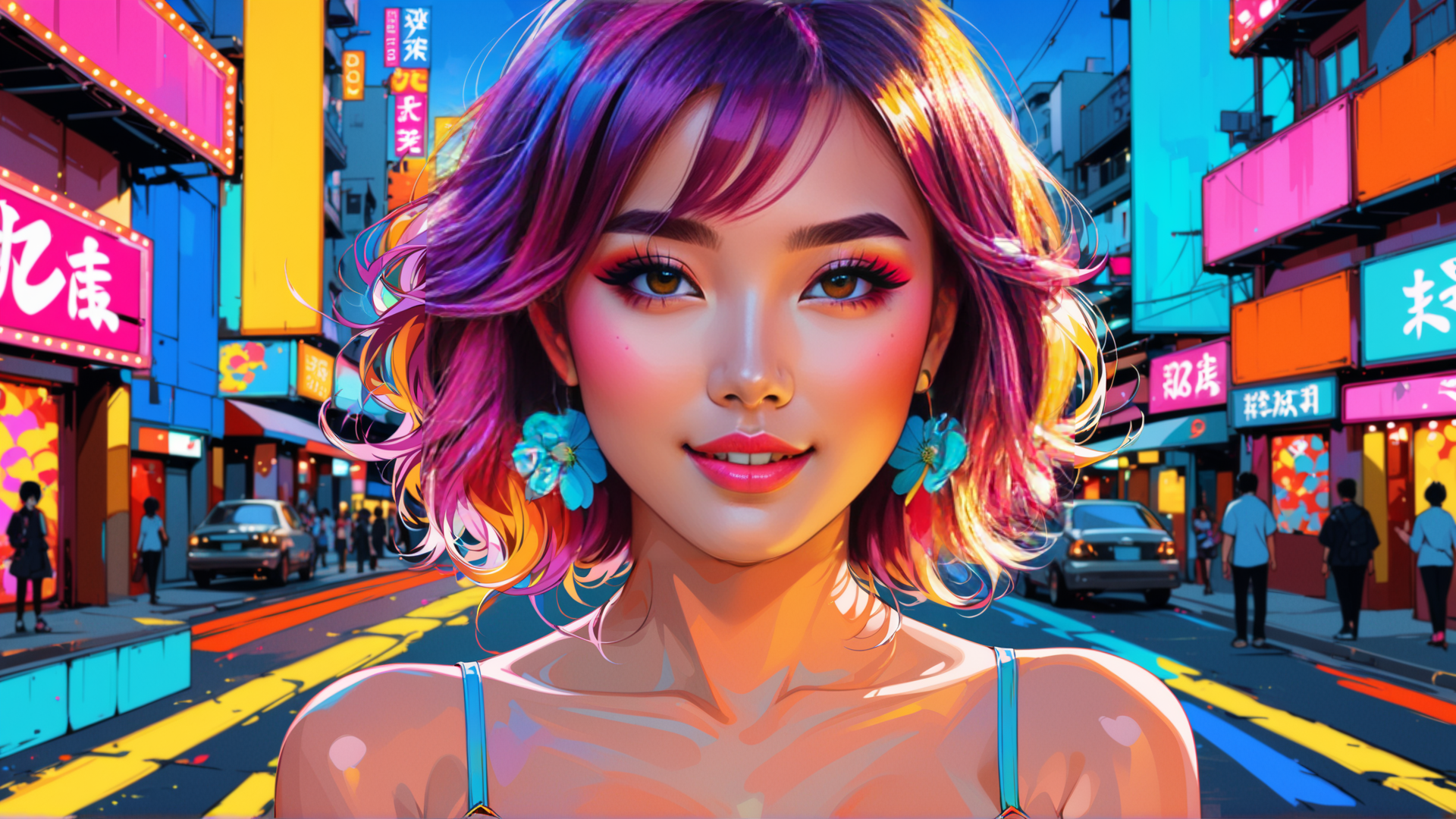 AI generated wallpaper featuring woman, street, city