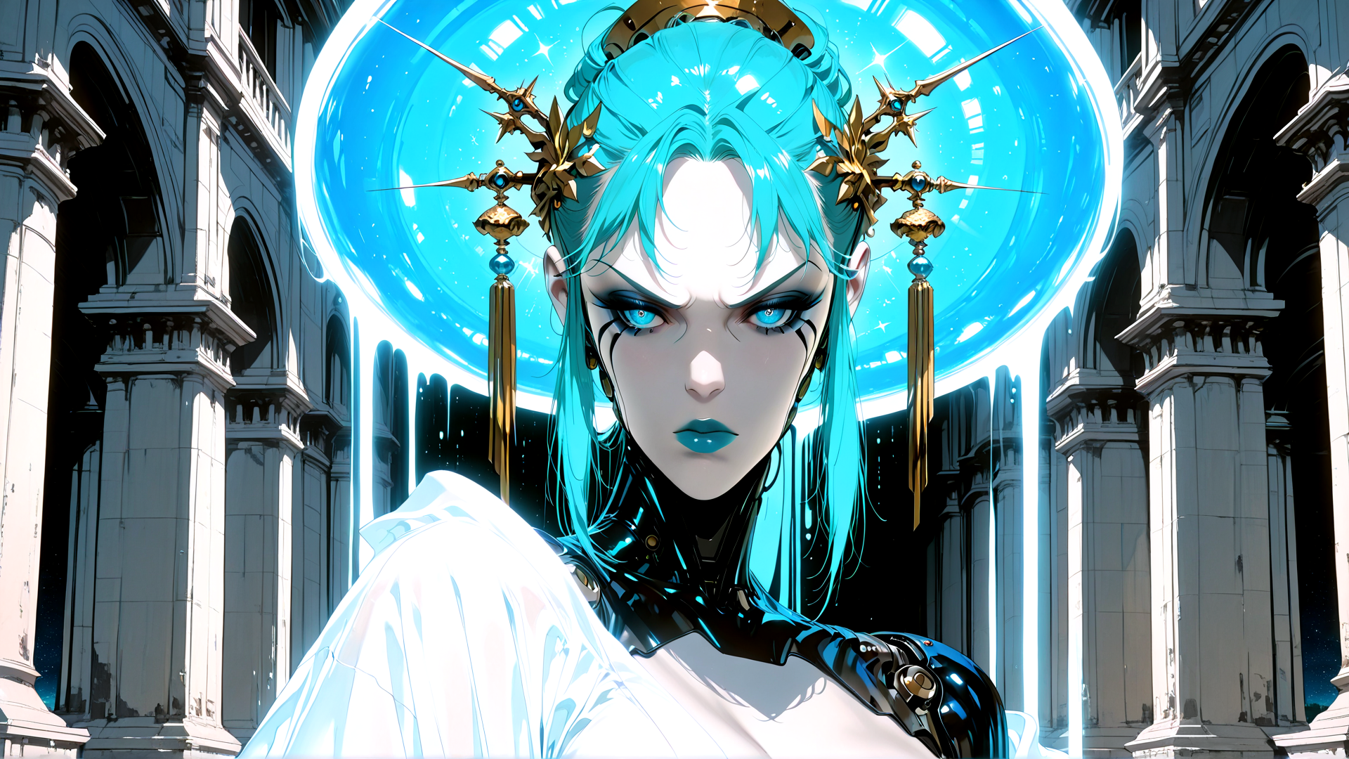 AI generated wallpaper featuring woman, cathedral, helmet, swords, gloves