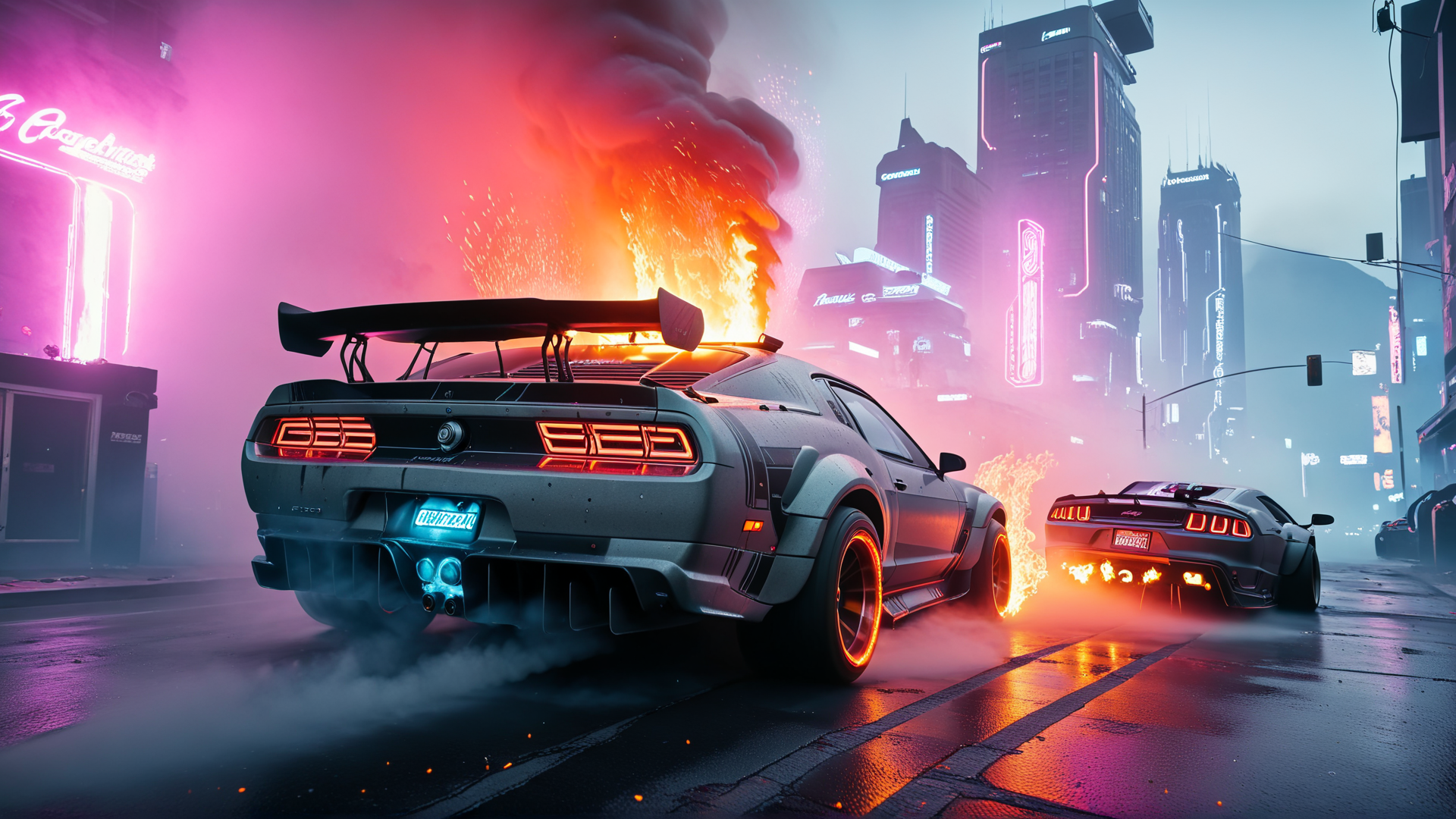 AI generated wallpaper featuring cars, fire, city