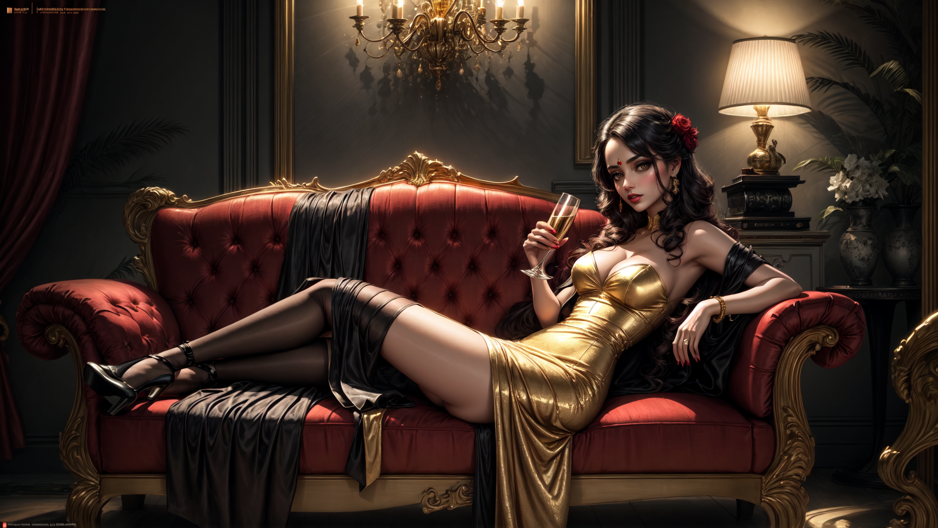 AI generated wallpaper featuring woman, sofa, champagne, dress, chandelier, lamp, curtains, vase, flower, shoes