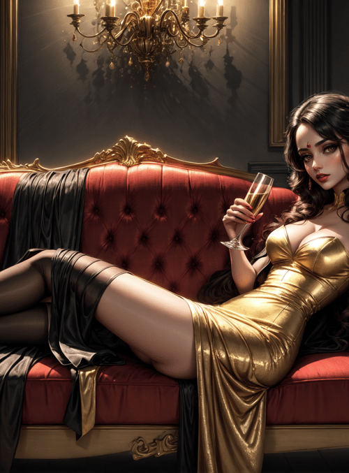 woman, sofa, champagne, dress, chandelier, lamp, curtains, vase, flower, shoes