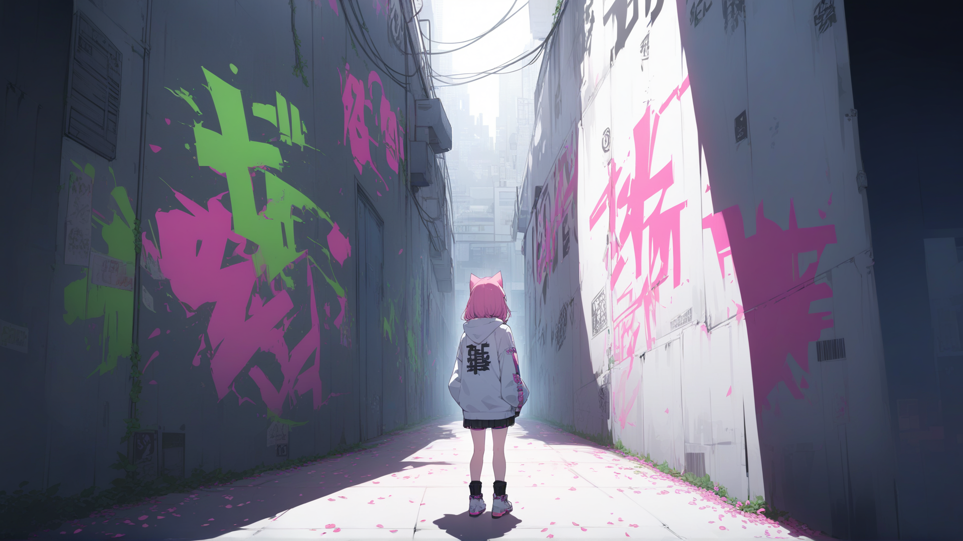 AI generated wallpaper featuring cat ears, girl, alley