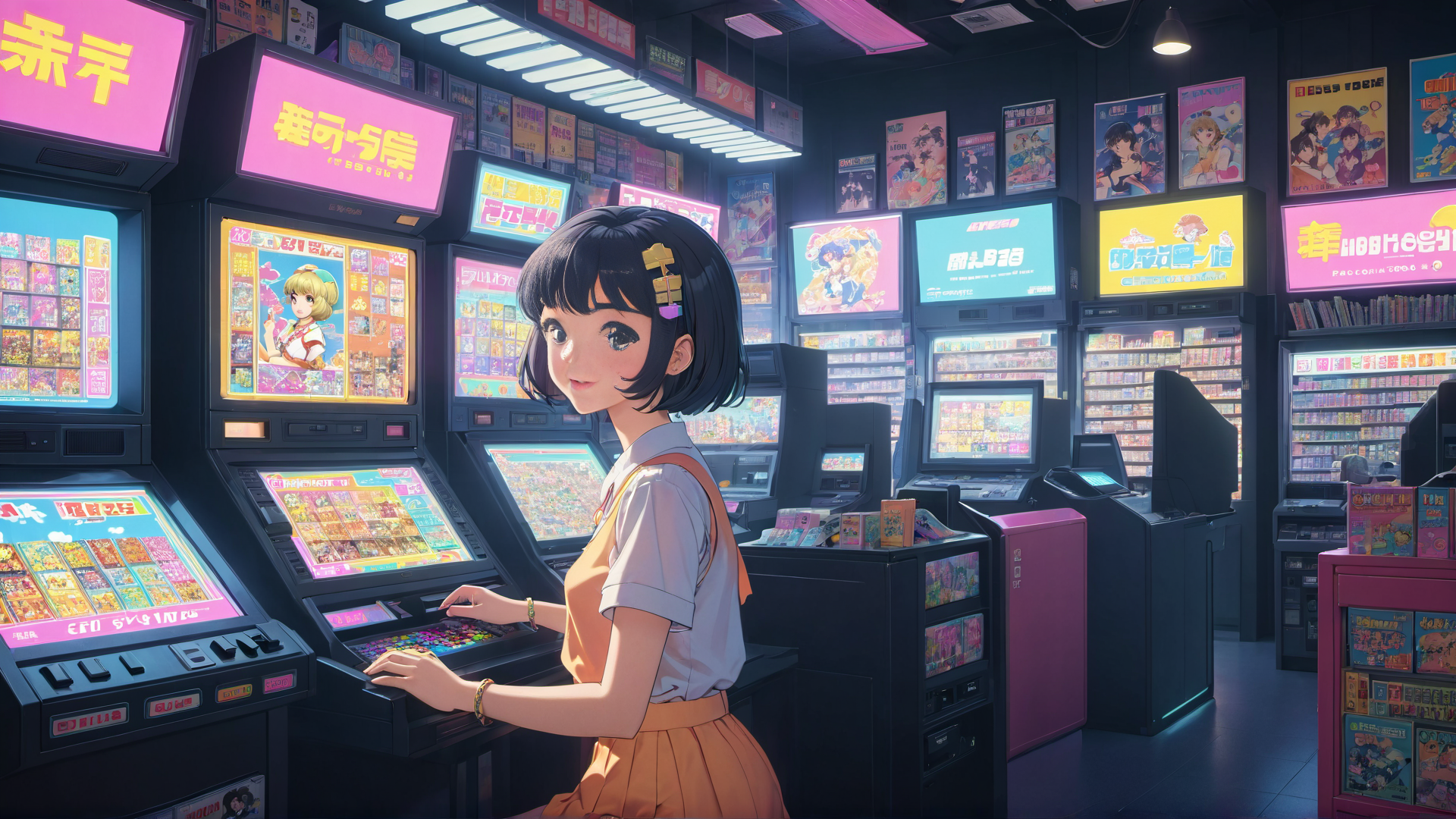 AI generated wallpaper featuring girl, arcade, game