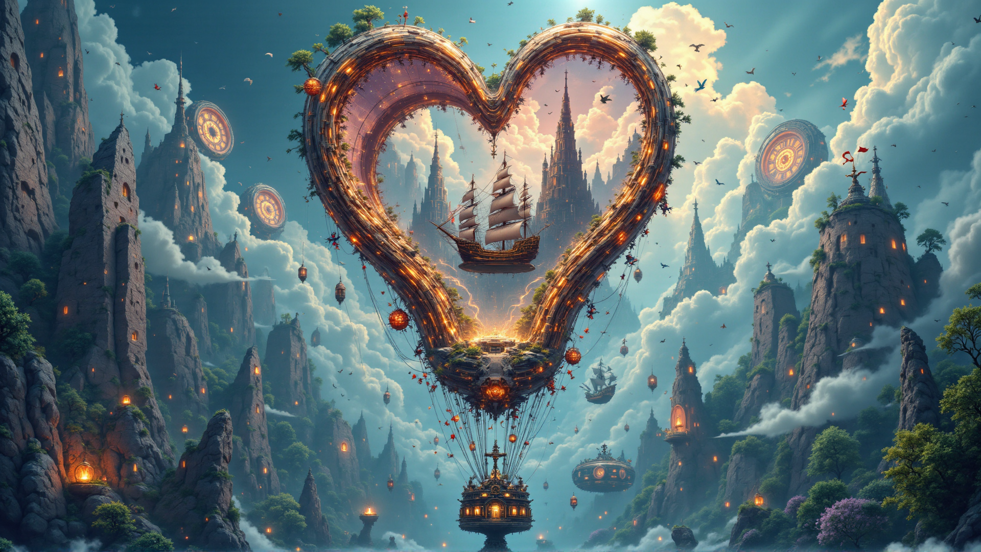 AI generated wallpaper featuring heart, castle, ship