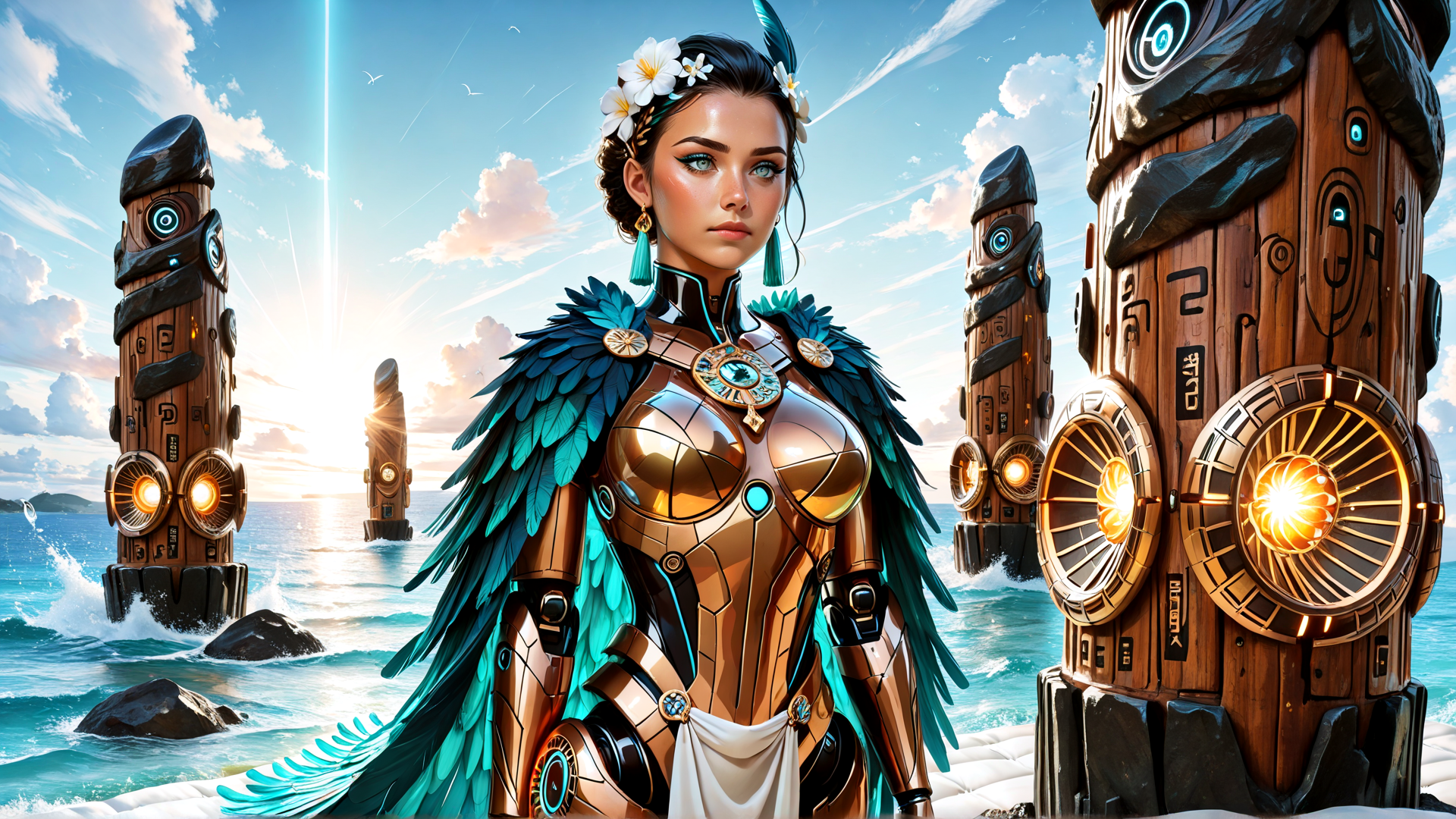 AI generated wallpaper featuring woman, tiki, ocean, feathers, armor