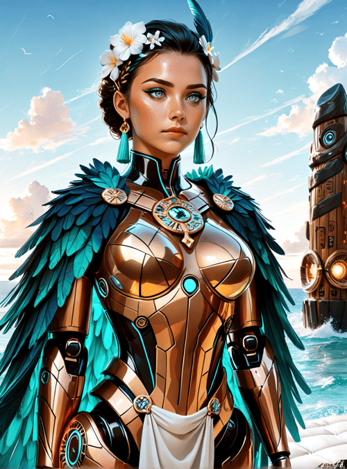 woman, tiki, ocean, feathers, armor