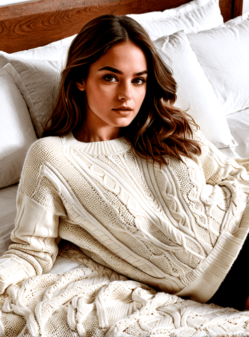 woman, bed, sweater, pillow, blanket, nightstand, curtains, headboard, shorts, bedding