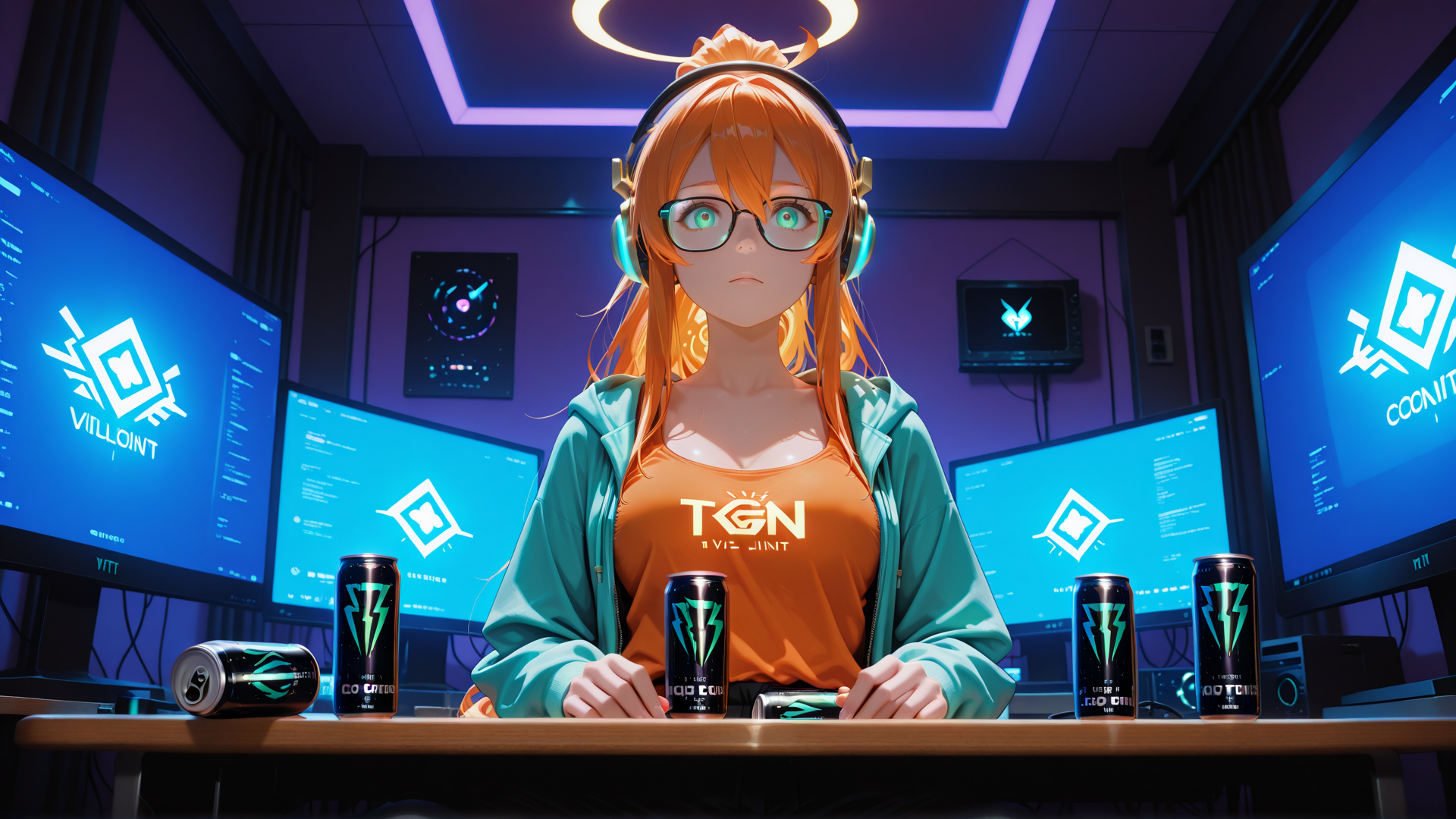 AI generated wallpaper featuring anime girl, gaming setup, computer monitors, energy drink cans, headphones