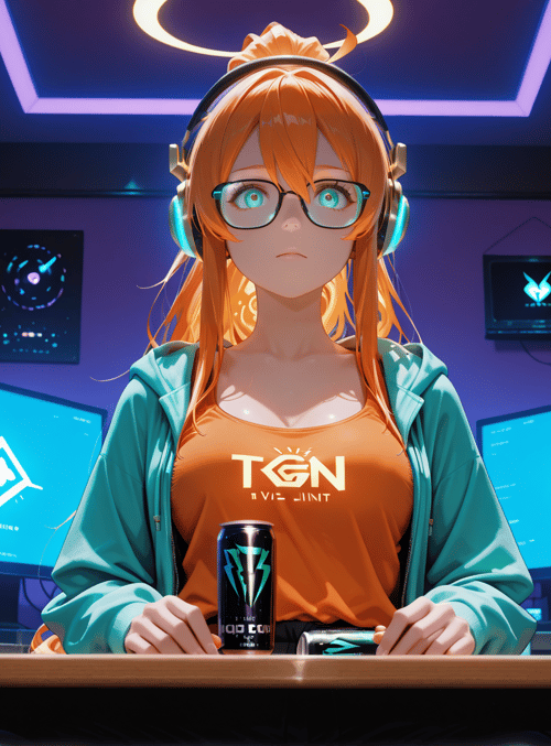 anime girl, gaming setup, computer monitors, energy drink cans, headphones
