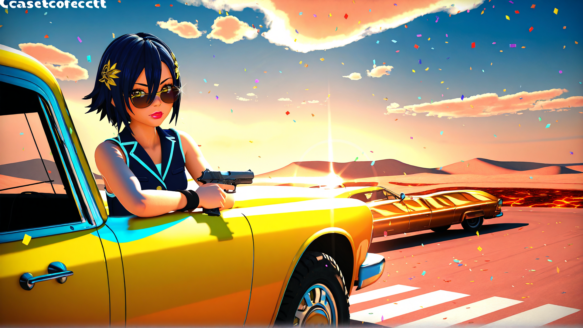 AI generated wallpaper featuring woman, car, gun, confetti, desert, sun, clouds, sunglasses, flower
