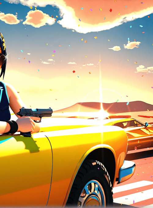 woman, car, gun, confetti, desert, sun, clouds, sunglasses, flower