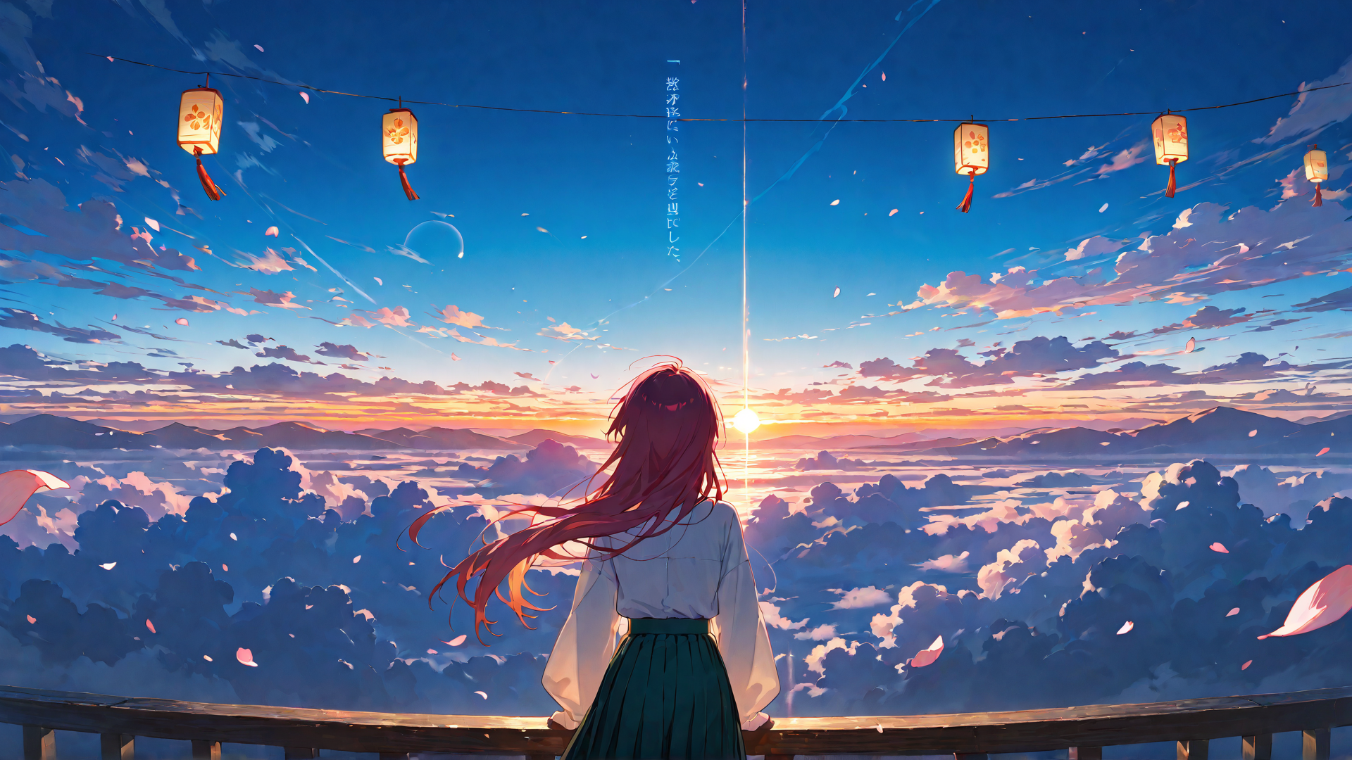 AI generated wallpaper featuring girl, lanterns, sunrise