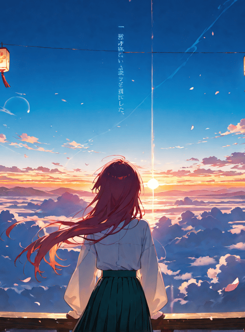girl, lanterns, sunrise