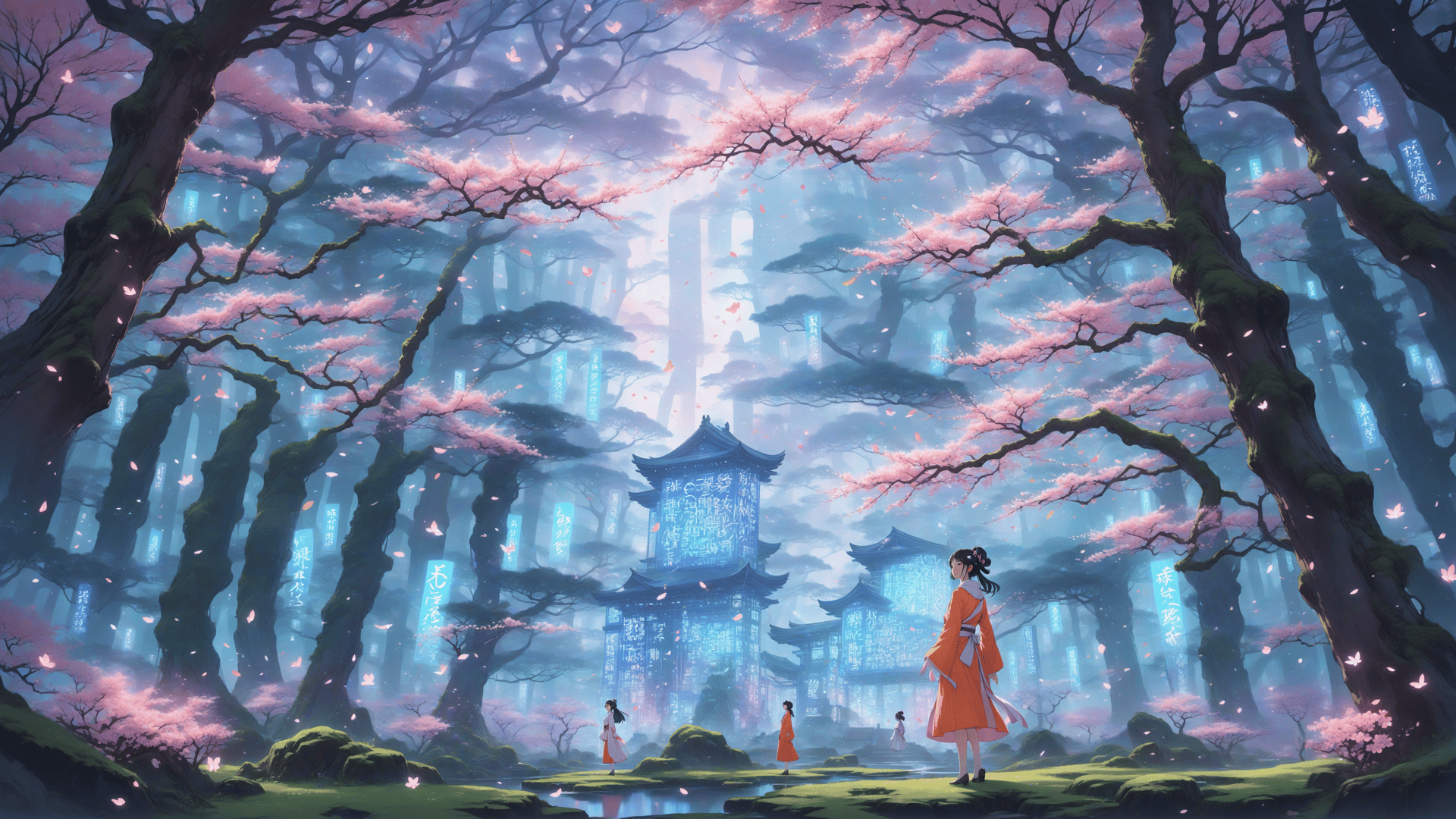 AI generated wallpaper featuring girl, cherry blossoms, pagoda