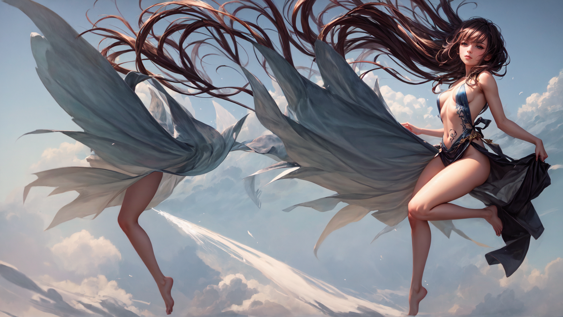AI generated wallpaper featuring flying, angel, woman
