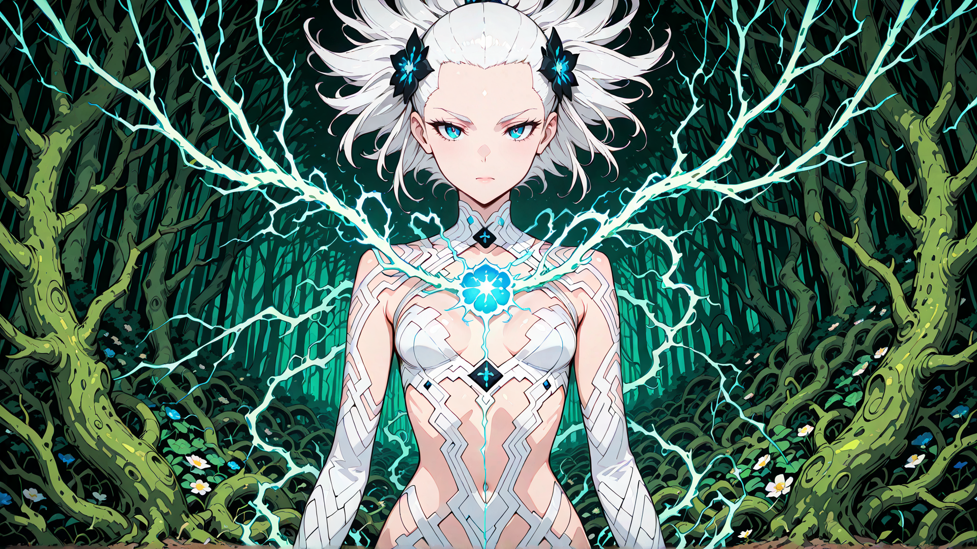AI generated wallpaper featuring woman, tree, lightning, armor, nature