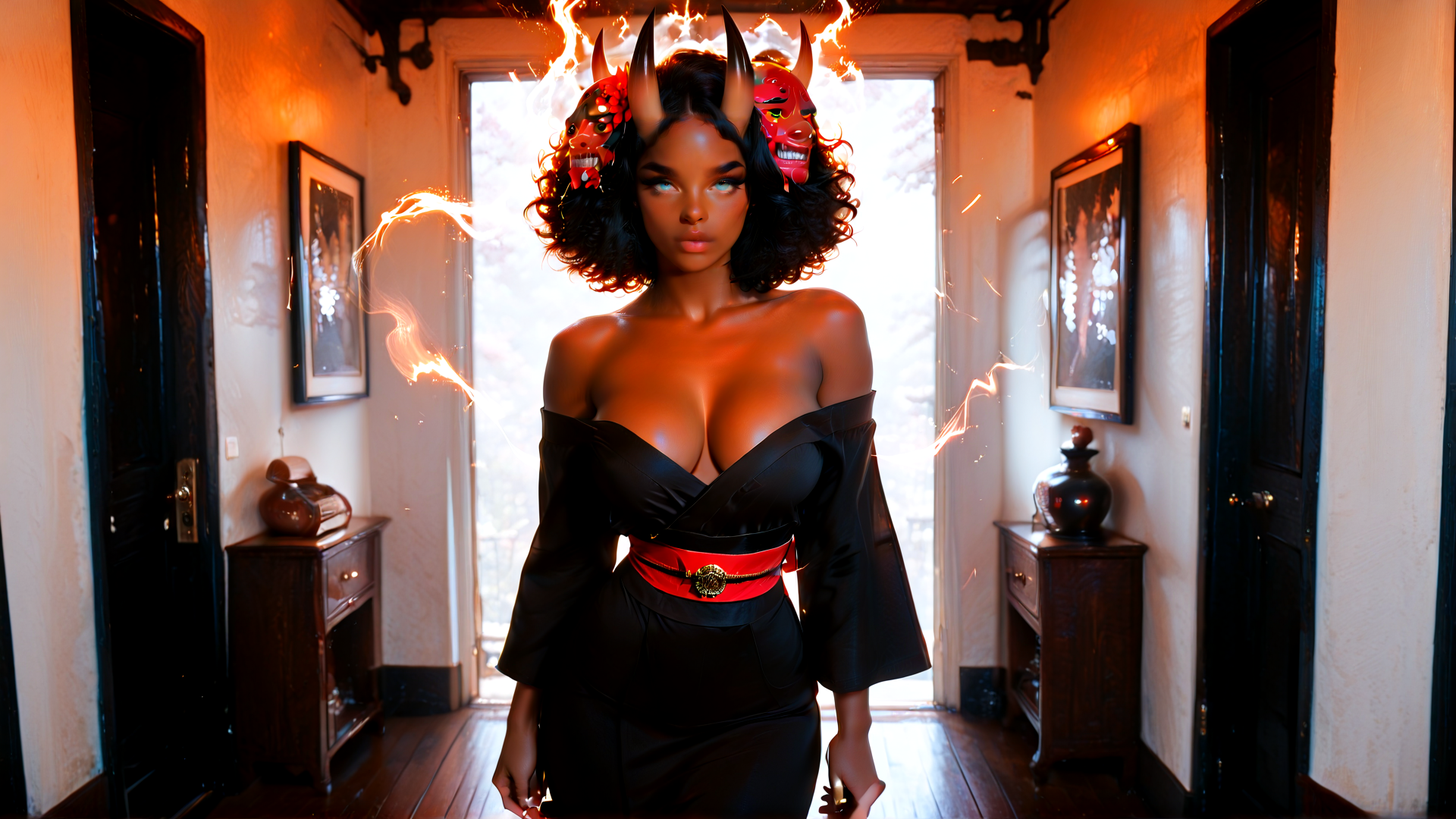 AI generated wallpaper featuring woman, devil, horns, sparkles, dress, mask, room, doors, art, fire
