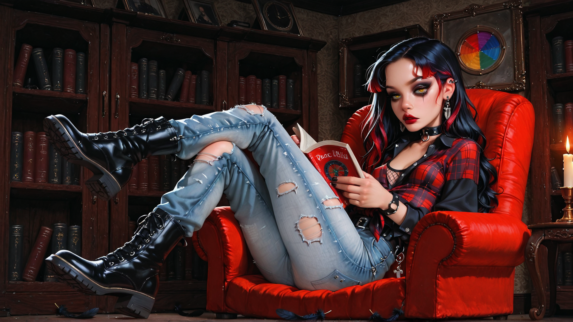 AI generated wallpaper featuring woman, book, armchair, jeans, boots, bookshelf, candle, choker, earring, feathers