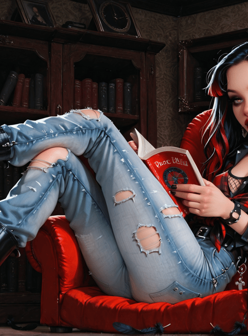 woman, book, armchair, jeans, boots, bookshelf, candle, choker, earring, feathers