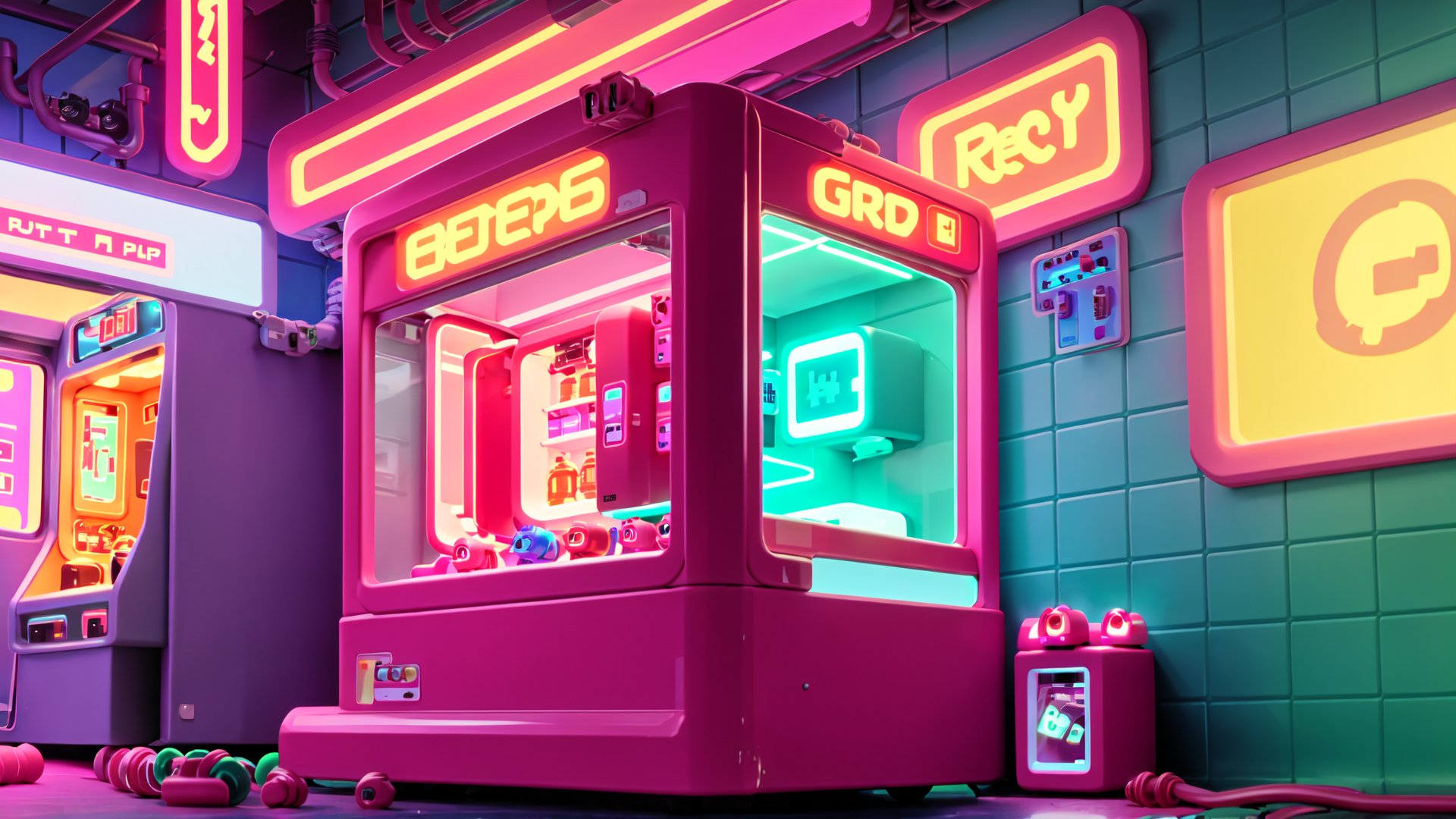 AI generated wallpaper featuring arcade, game machine, neon sign, candy machine, toys