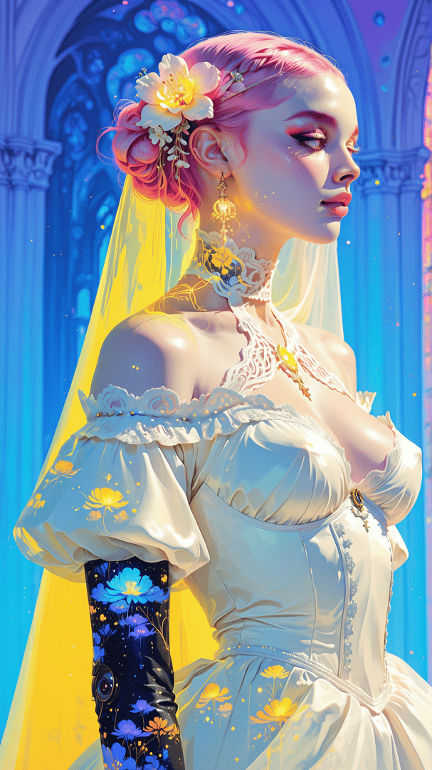AI generated wallpaper featuring woman, bridal, gown, veil, flowers, earrings, veil, gown, veil, gown