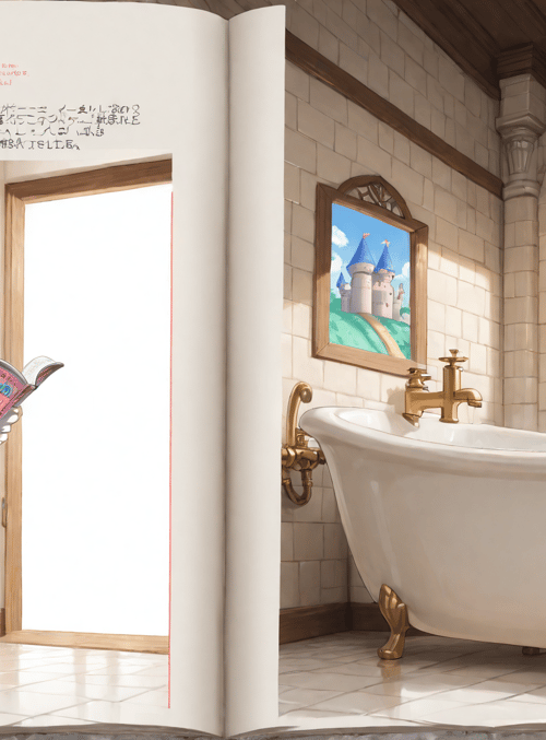 mario, book, toilet, bathtub, castle, window, mirror, tiles, gloves, hat