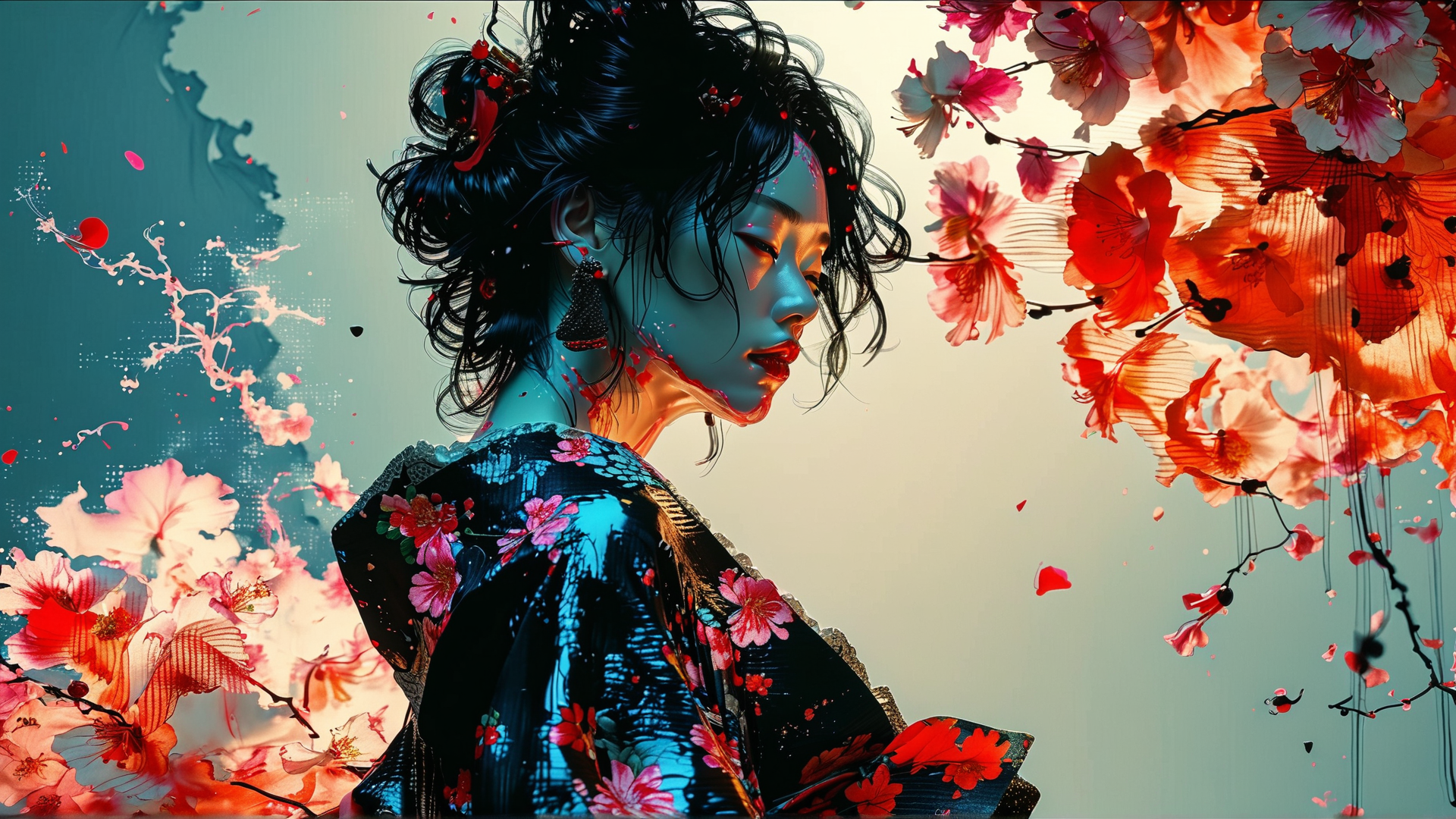 AI generated wallpaper featuring woman, kimono, cherry blossoms, hair, ears, flowers