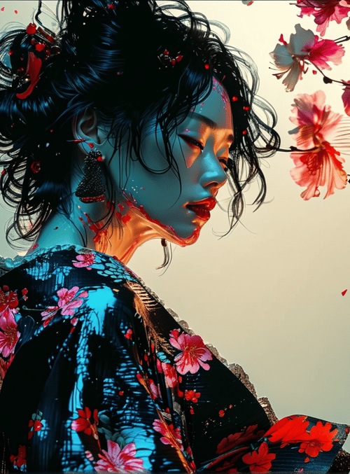woman, kimono, cherry blossoms, hair, ears, flowers