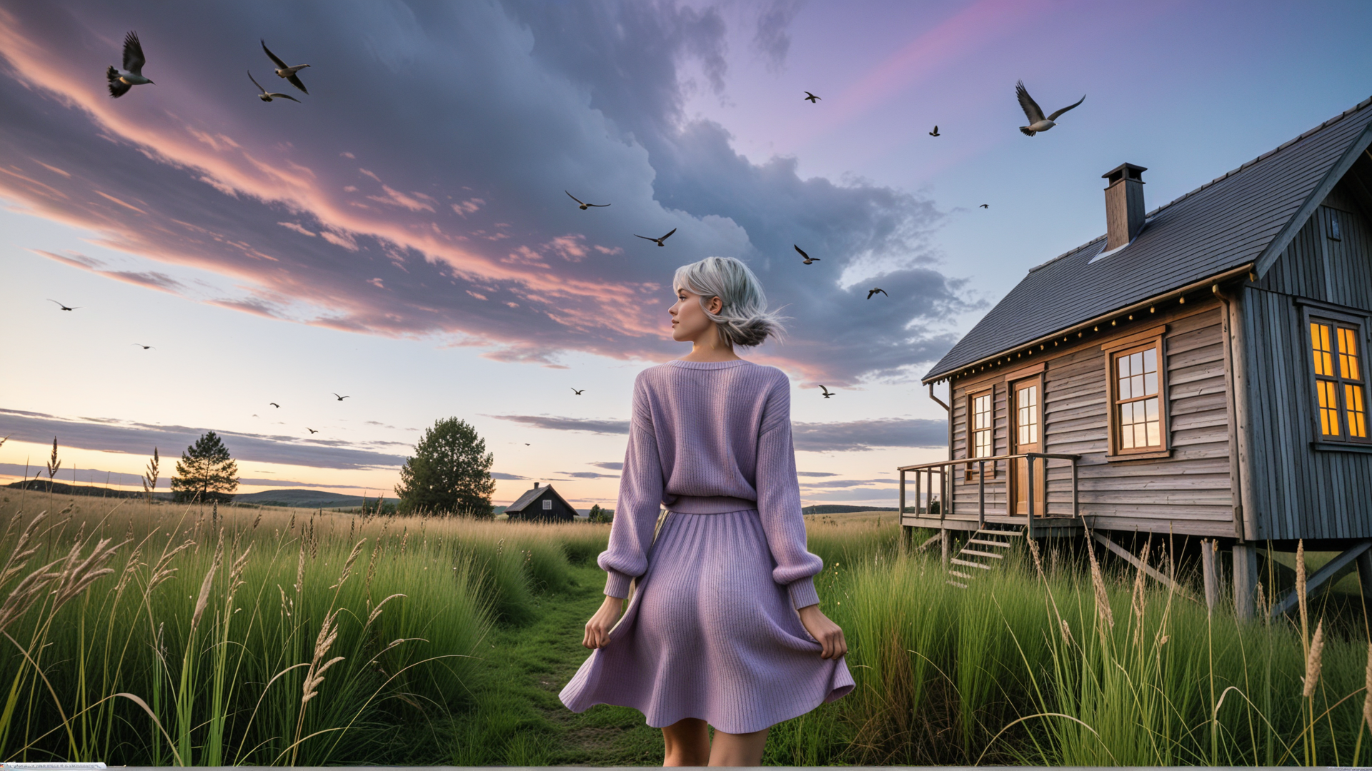 AI generated wallpaper featuring woman, birds, house, grass, sky
