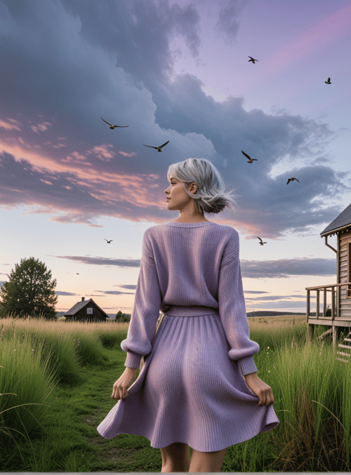 woman, birds, house, grass, sky