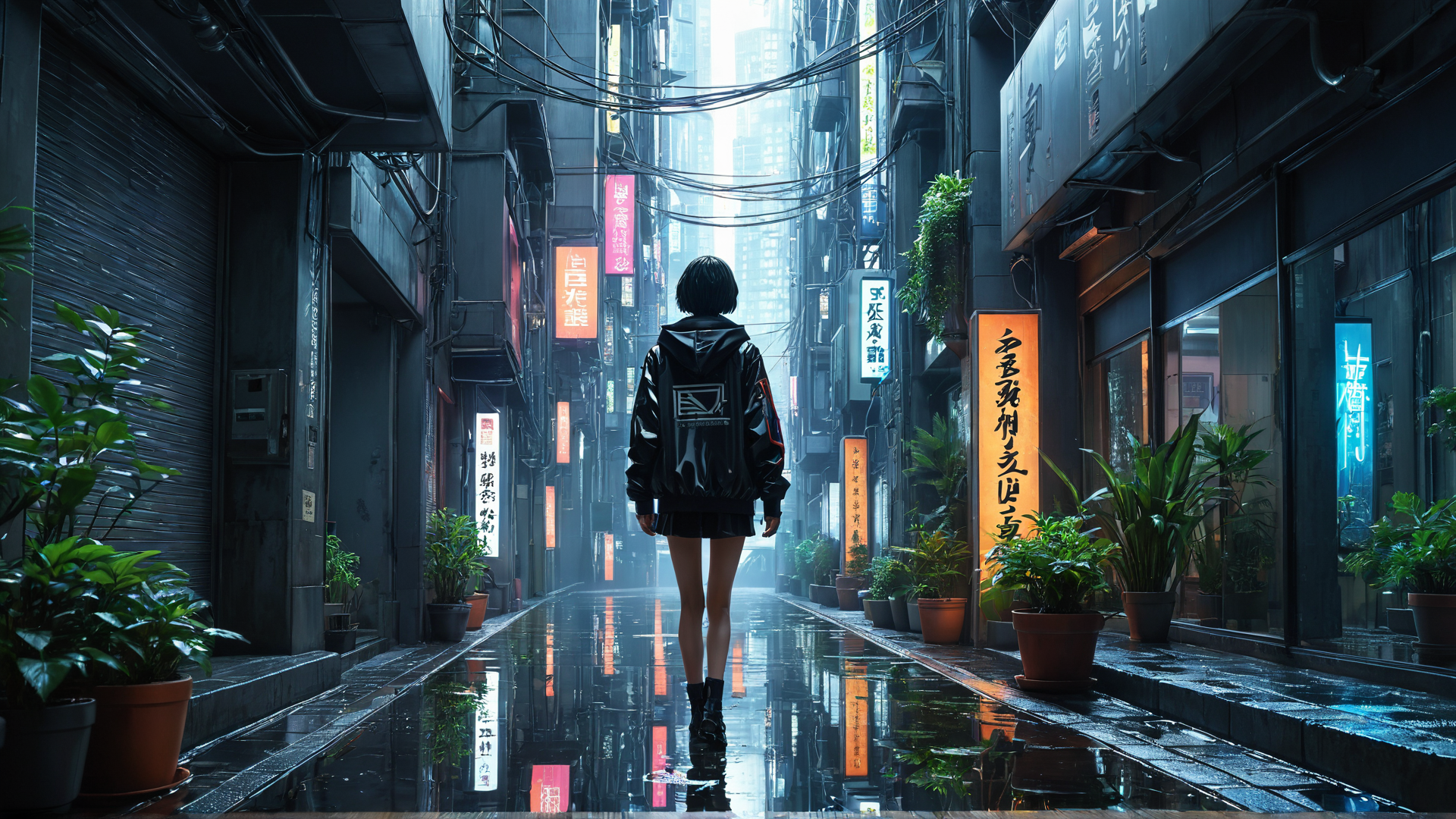 AI generated wallpaper featuring person, alley, plants