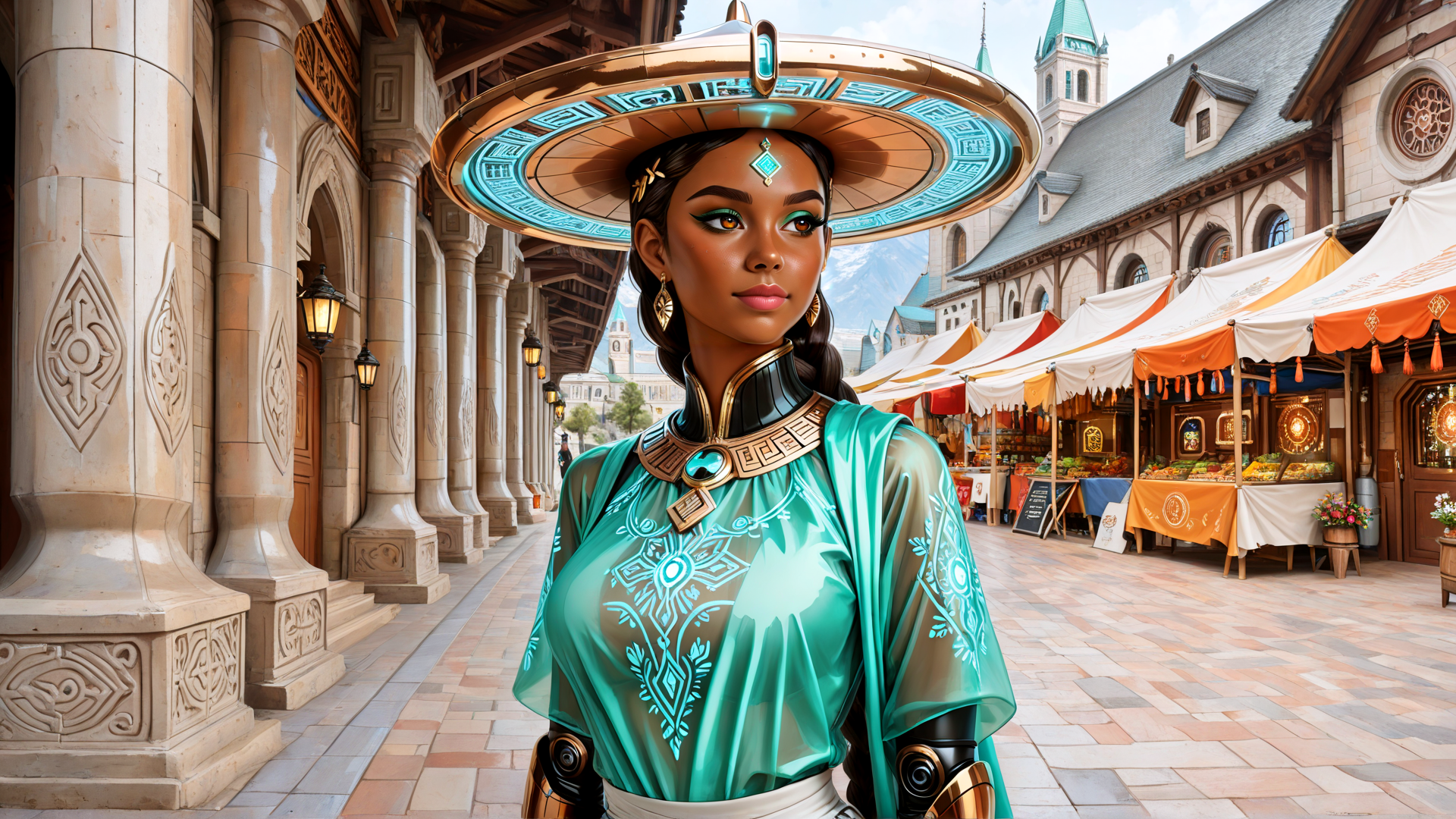 AI generated wallpaper featuring woman, hat, market, building, columns