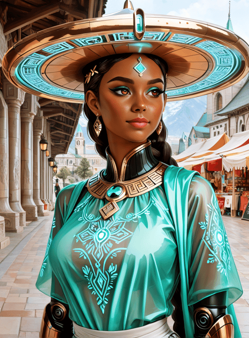 woman, hat, market, building, columns