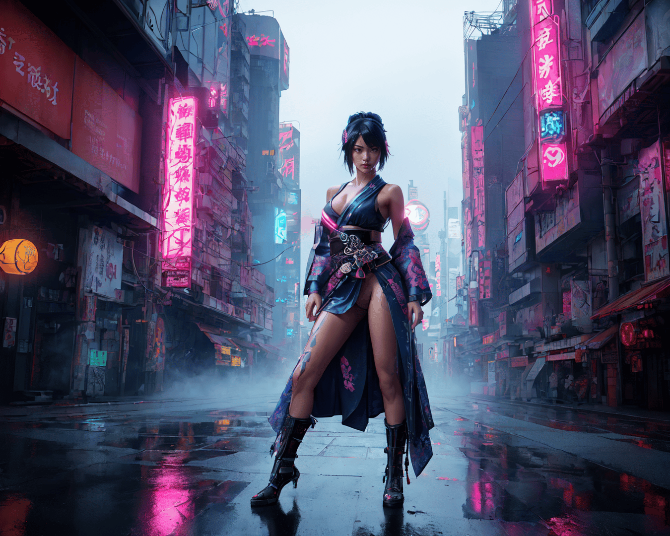AI generated wallpaper featuring woman, cyberpunk, neon