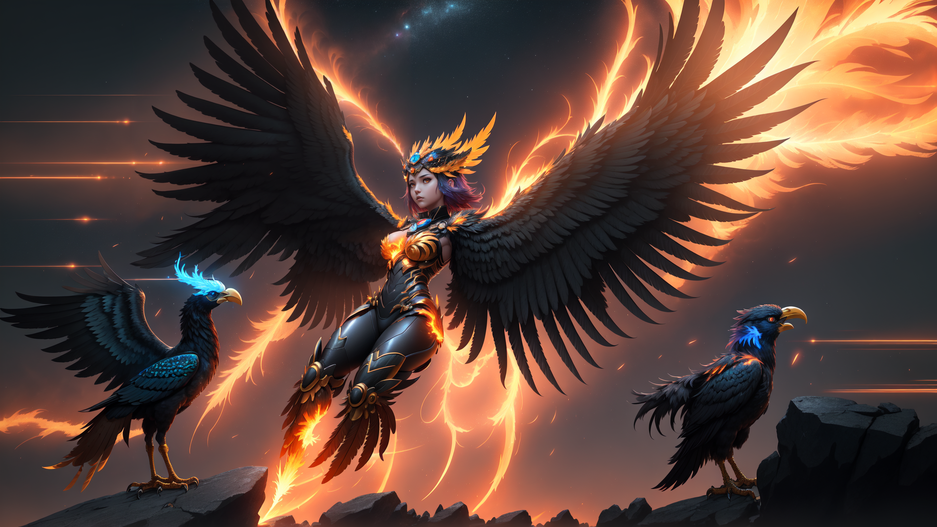 AI generated wallpaper featuring goddess, eagles, fire
