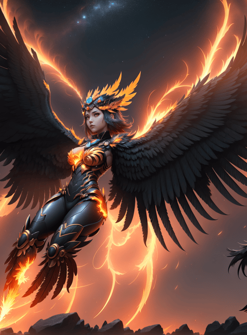 goddess, eagles, fire